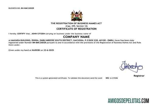 Modelo realista de certificado de registro do Quênia em Word e PDF